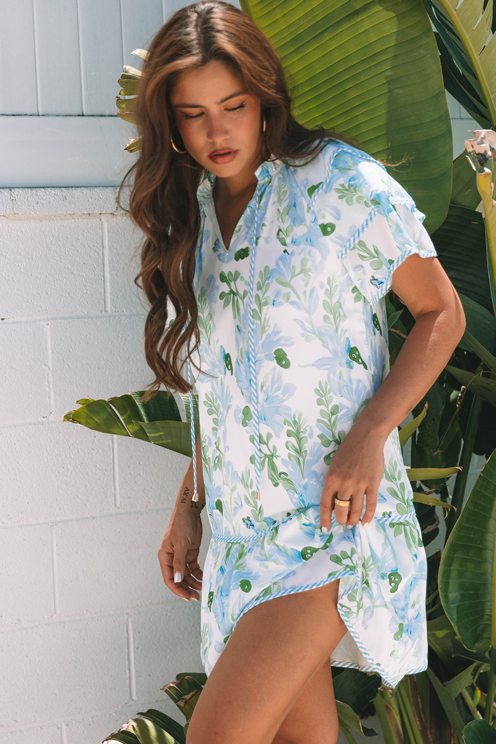 Blue Cute Sky Floral Layered Short-Sleeved Mini Dress