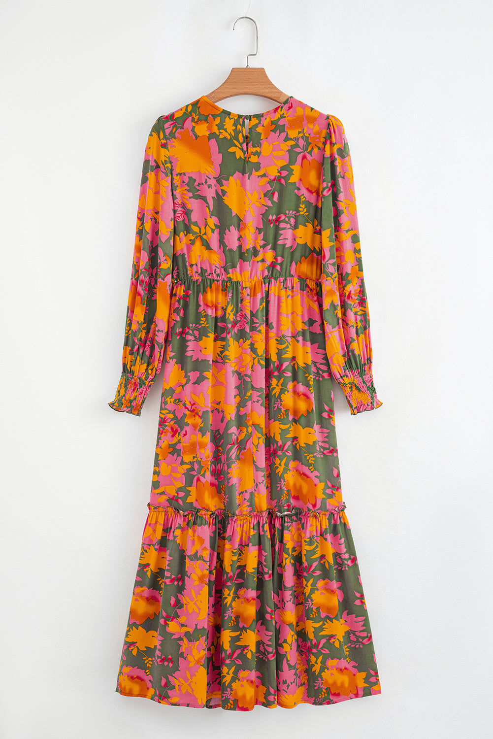 Sleeve Floral Puff Smocked Bodice Ruffled Long Dress
