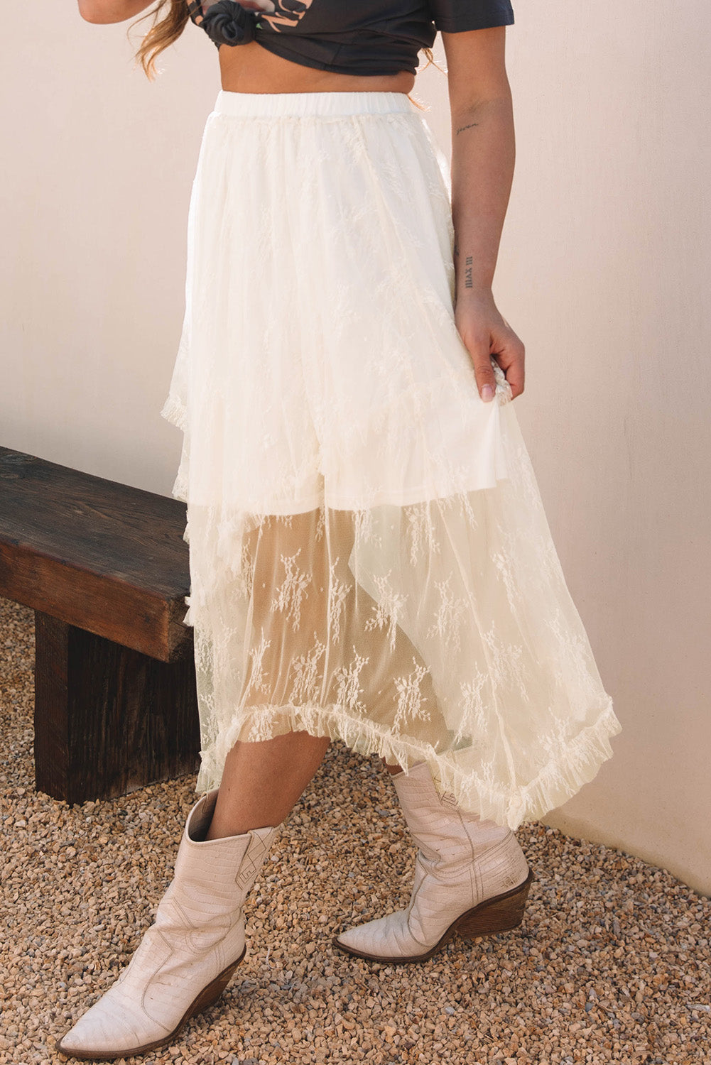 Lace High-Waisted Cascading Tiered Maxi Skirt in Beige