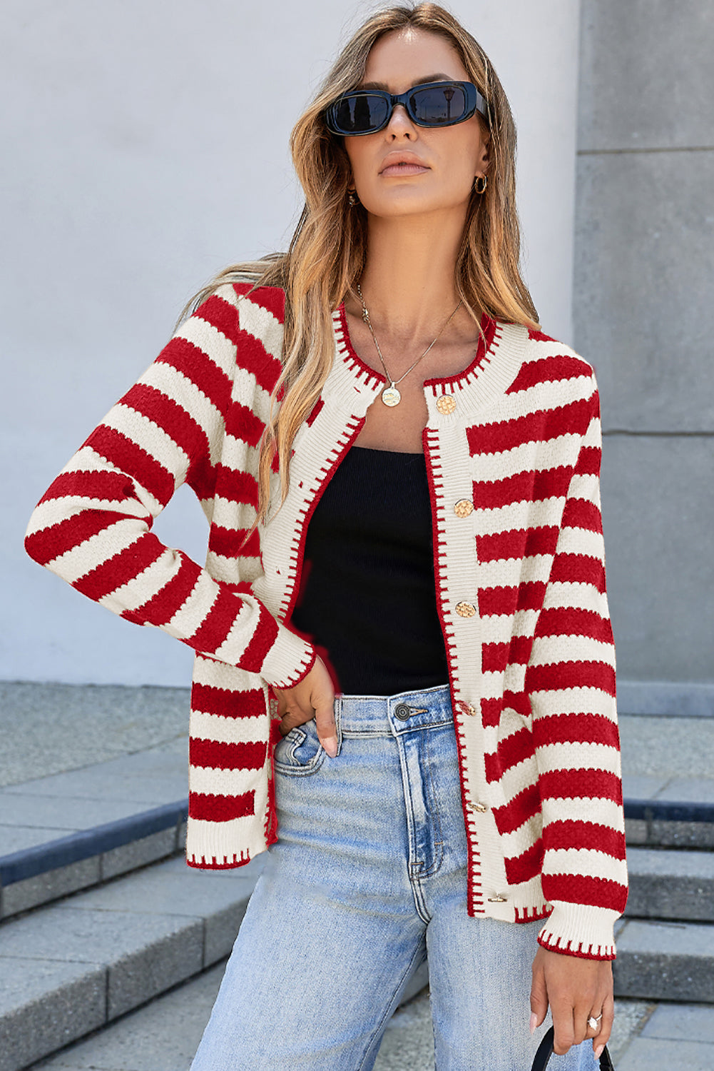 Stripe Button Polished Golden Cardigan Knit Top in Red