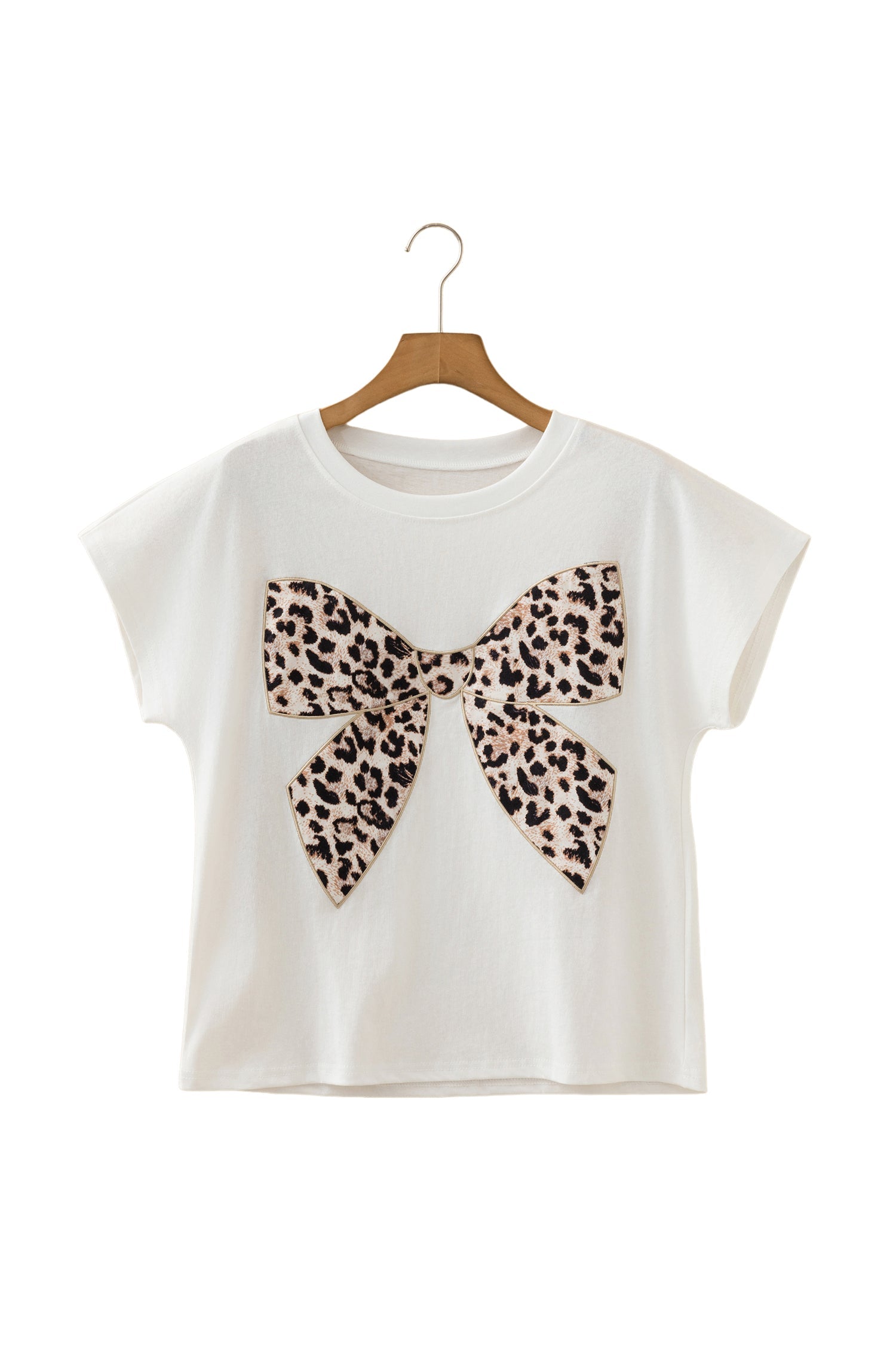 Embroidered Leopard Bow Cotton Round-Neck T Shirt