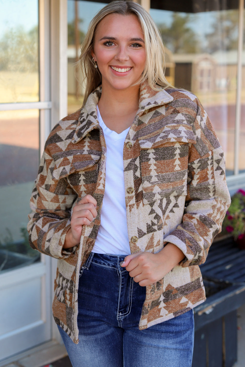 Jacket for Women Pocket Button-Front Aztec Flap