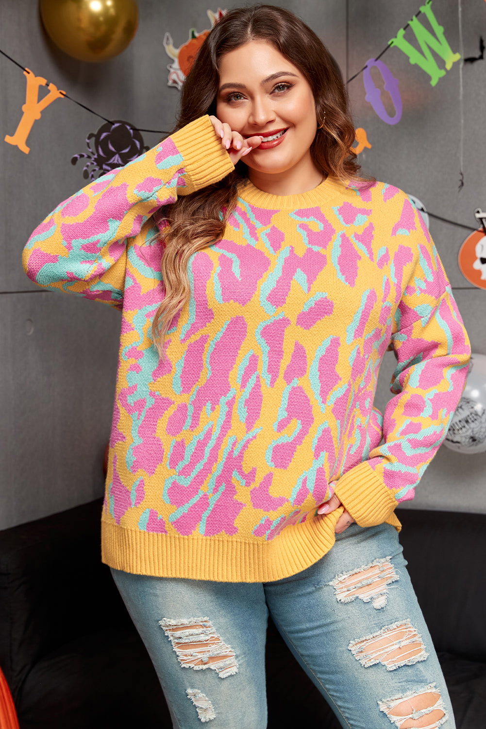 Women's Trim Plus Size Leopard-Print Rib-Knitted Sweater