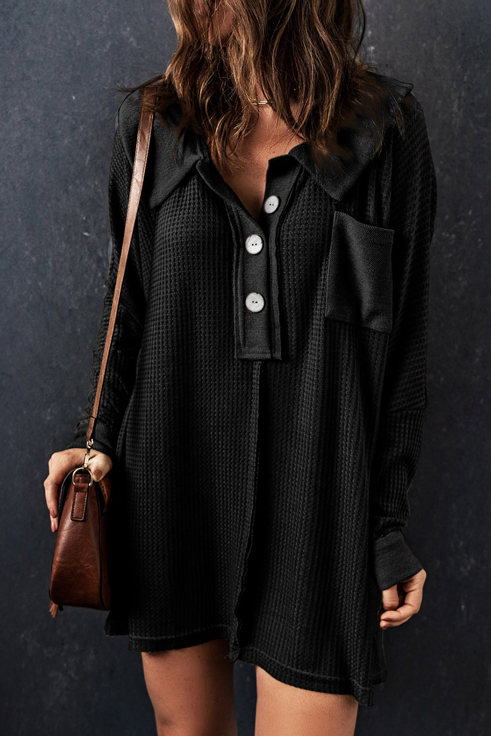 Women's Top Featuring Waffle Knitted Button-Front Long-Sleeve