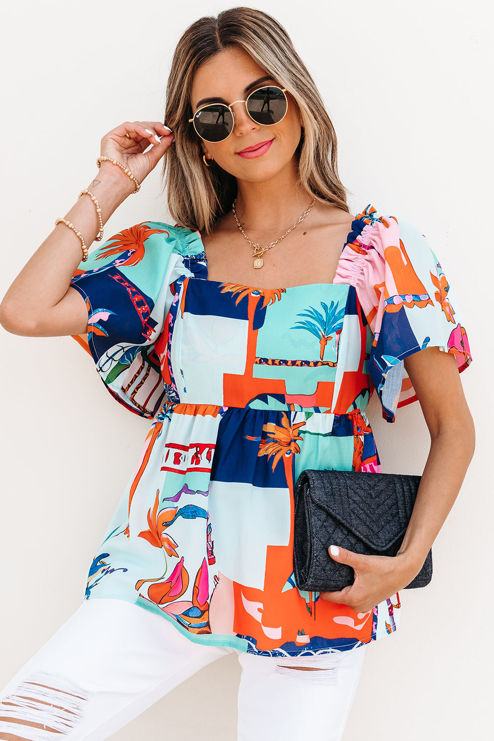 Square Tropical Printed Neck Flutter Sleeve Babydoll Blouse