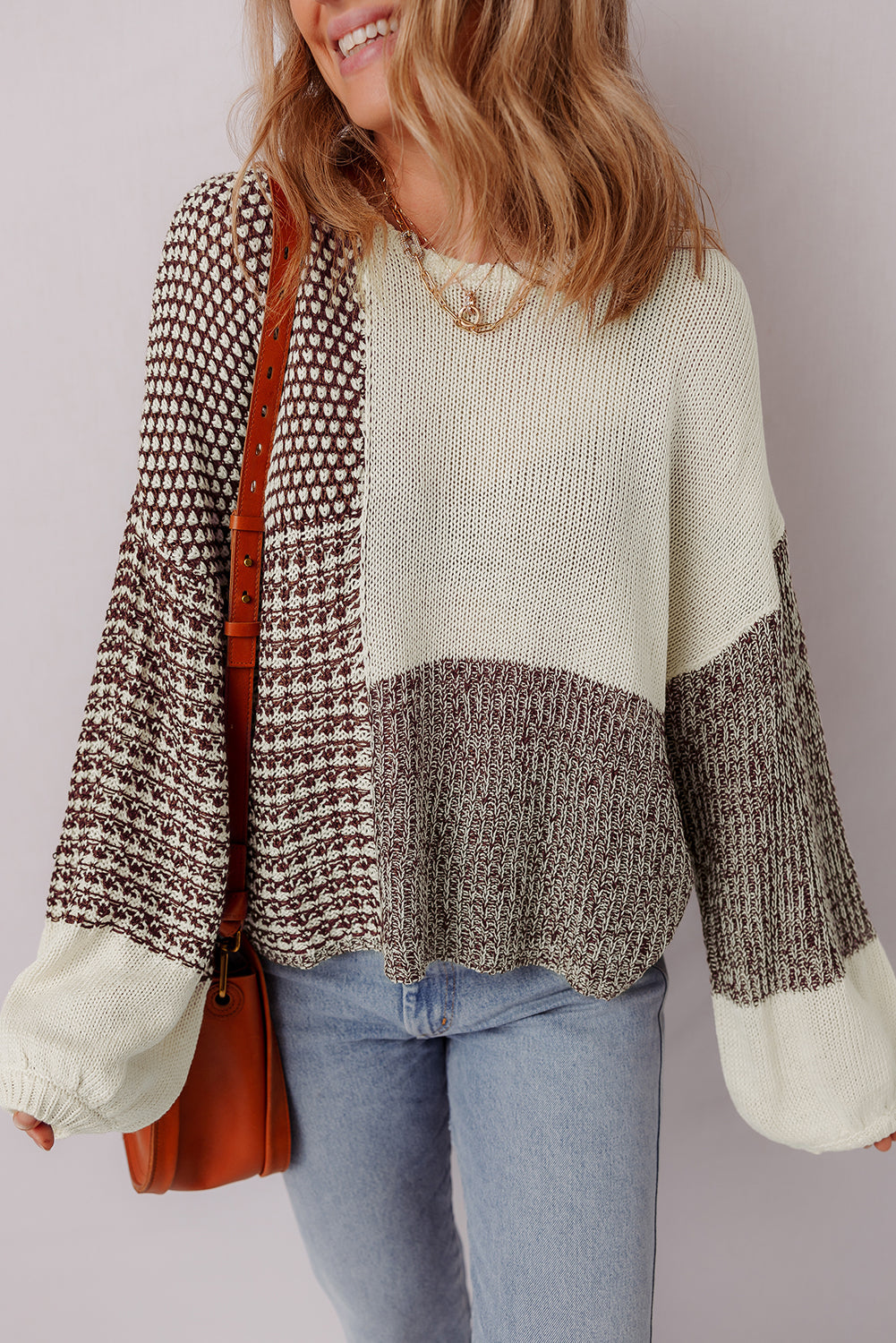 Colorblock Drop-Shoulder Back Tie Loose Knit Top