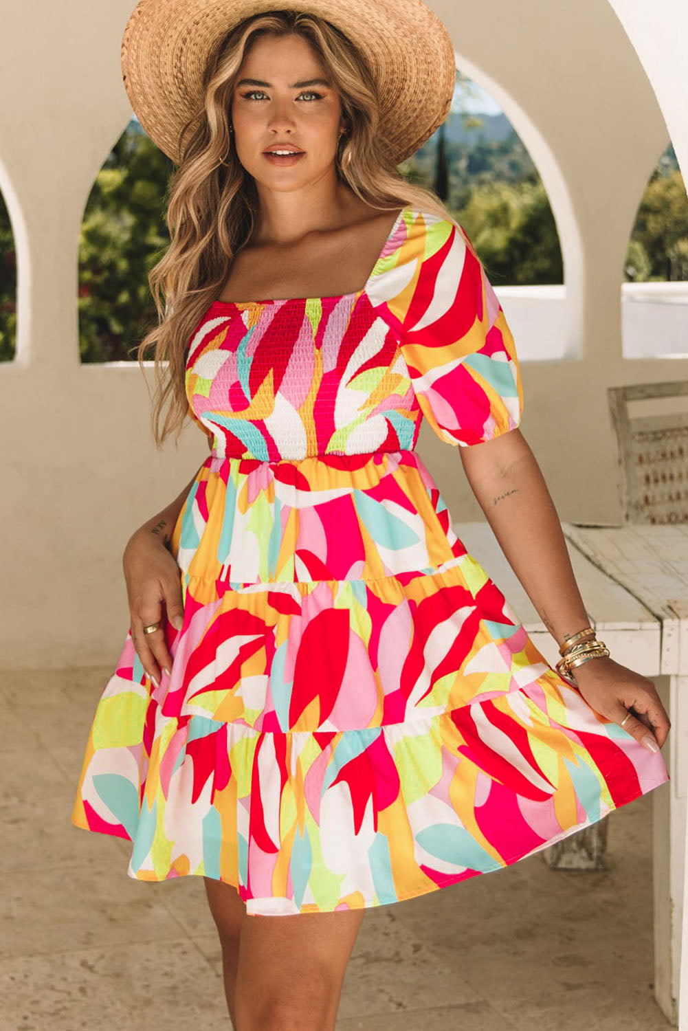 Women's Mini Dress with Shirred Babydoll