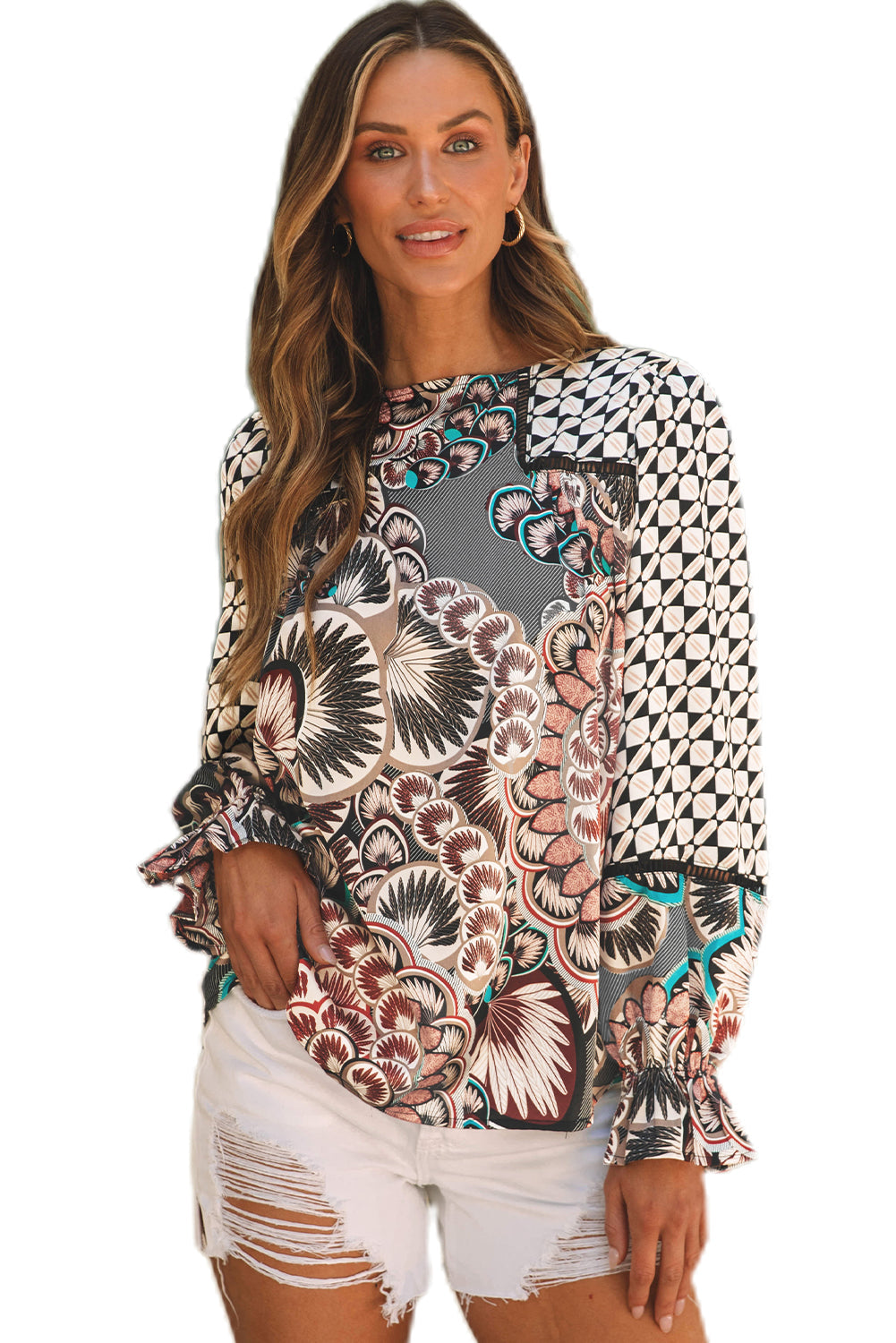 Blouse for Women Print Ruffle-Trimmed Long-Sleeve