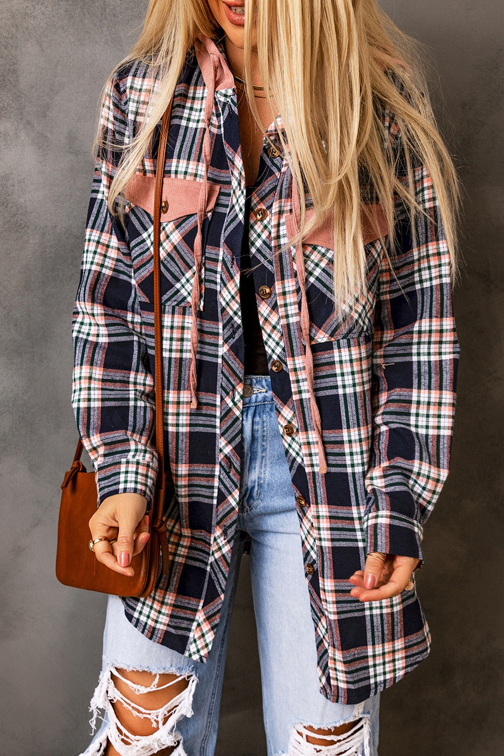 Women's Shacket with Hooded Drawcord Plaid