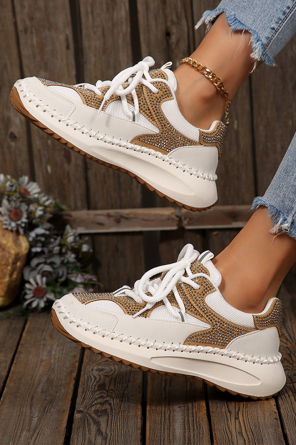 Embellished Colorblock Rhinestone Colorblock Patchwork Lace-up Breathable Sneakers
