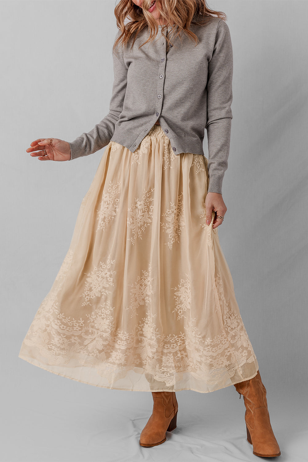 Overlay Embroidered Mesh Flowy Long Skirt in Oatmeal