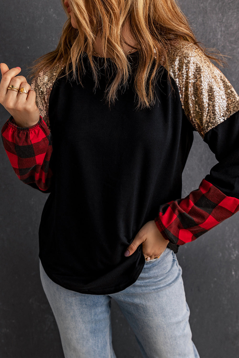 Women's Blouse with Crew Neck Plaid Splicing