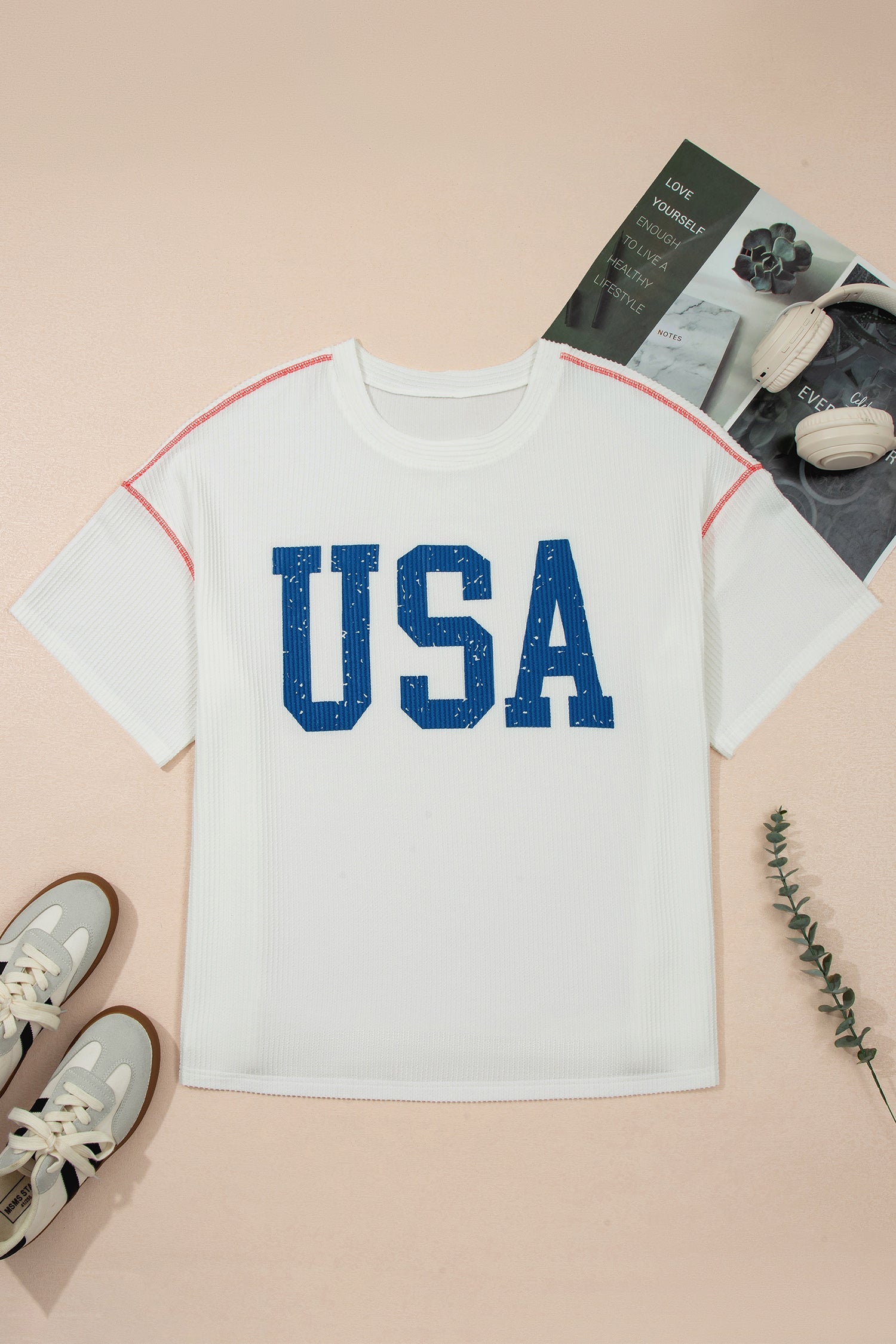 Plus Size Twisted Rib Retro USA Letter Printed T Shirt in White