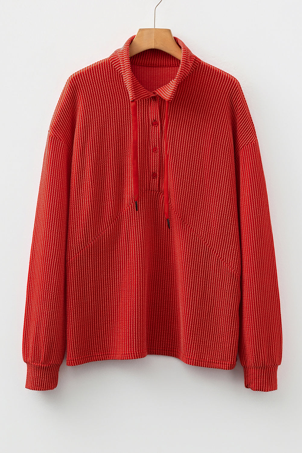 Half Twist Rib-Knit Button Collared Drawcord Pullover Top