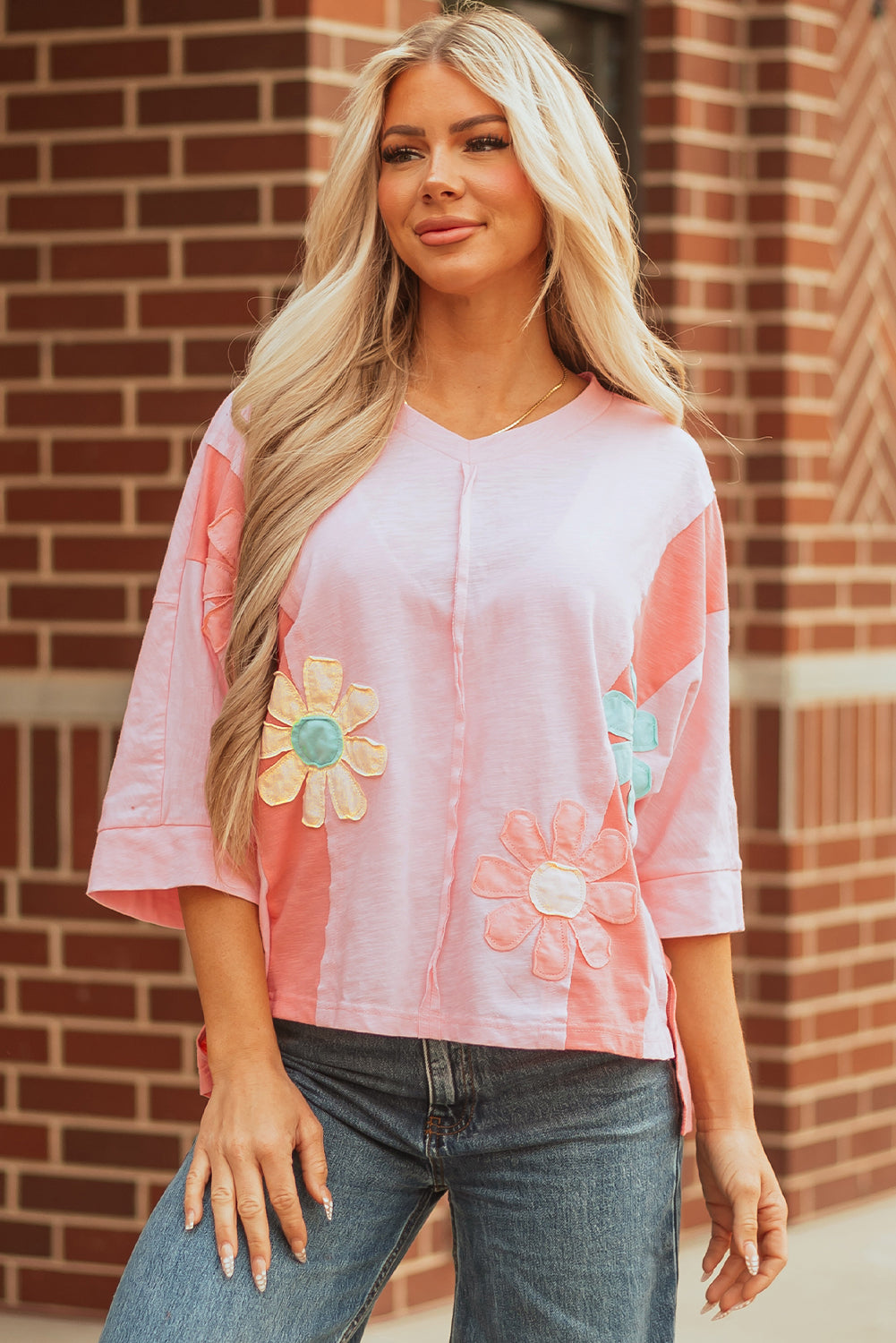 Exposed Flower Patched Seam Bracelet Sleeve Roomy T Shirt