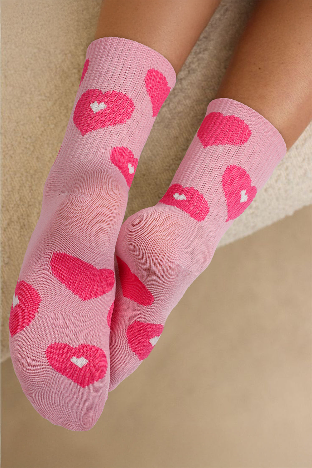 Heart Trim Print Rib-Knit Soft Crew Socks