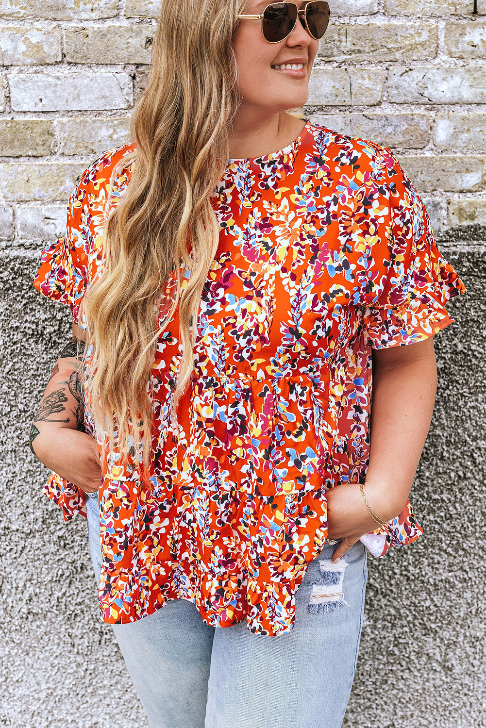 Blouse for Women Ruffle-Trimmed Curvy Babydoll Floral-Print