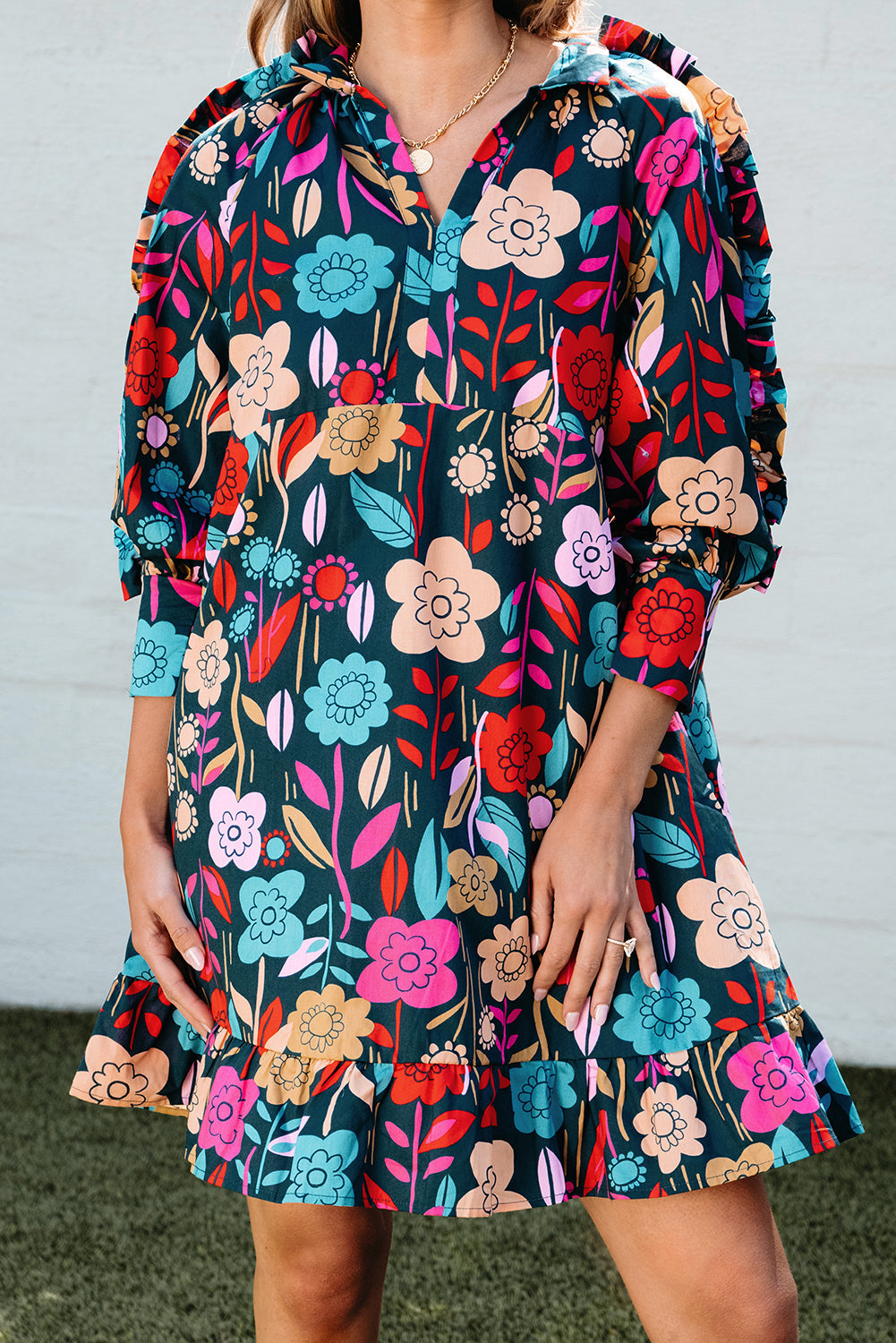 Women's Balloon Sleeve Ruffle-Trimmed Mini Floral-Print Print Dresses