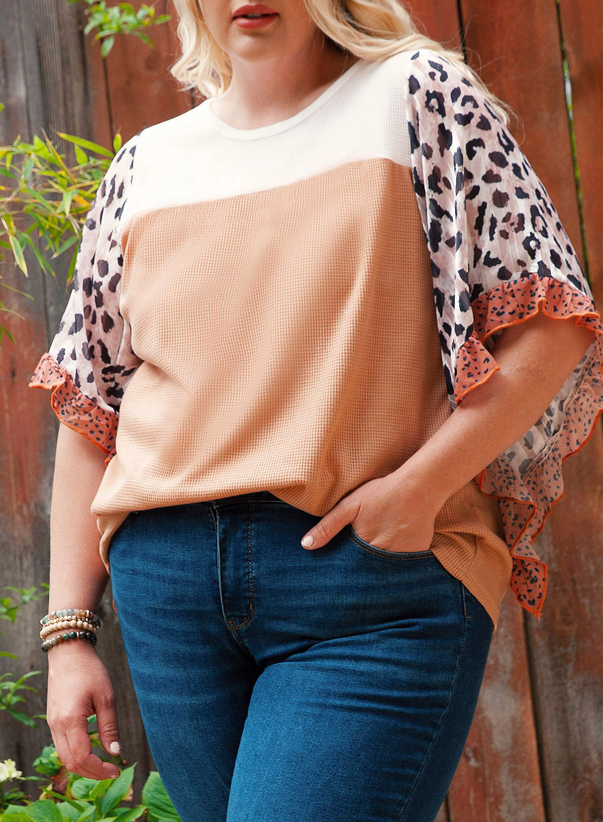 Top for Women Ruffle-Trimmed Plus Size Waffle Knitted