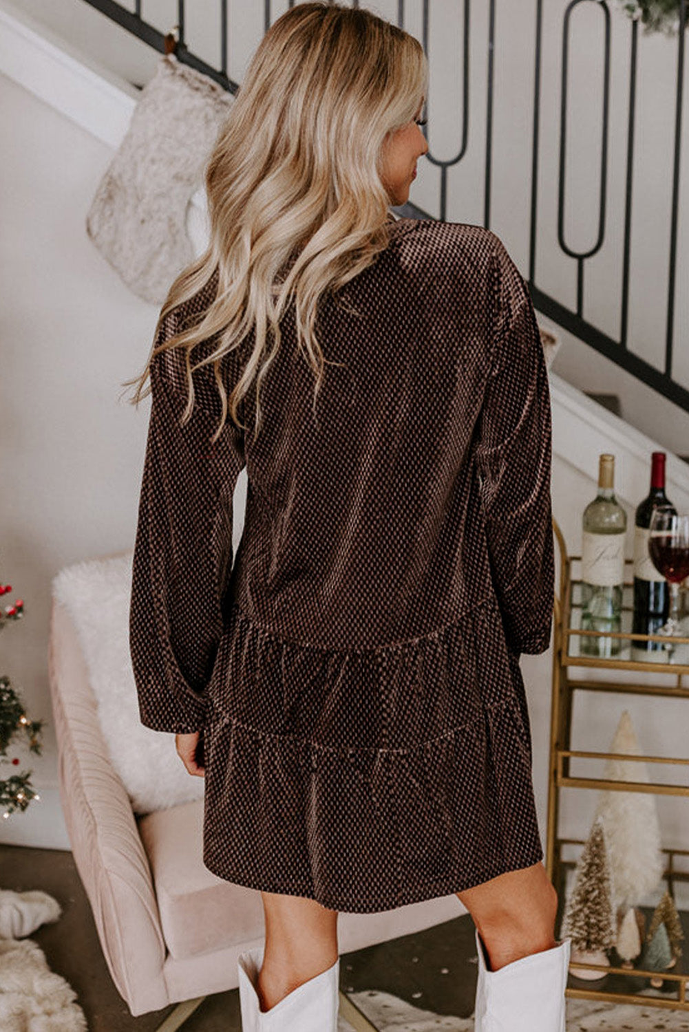 Women's Dress with Shift Textured Velvet V Neck