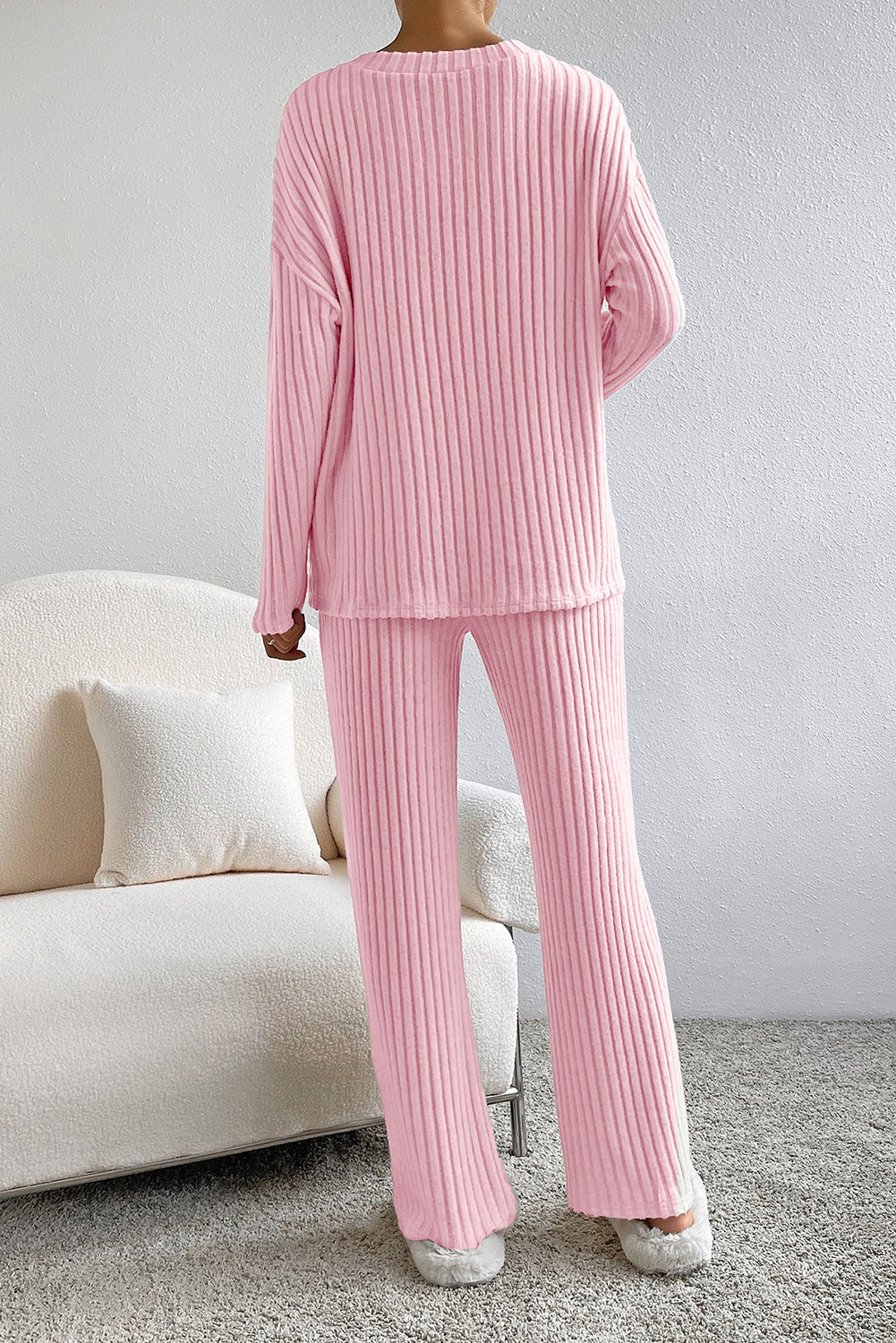 Rib-Knit Knit V-Neck Slouchy Two-piece Outfit