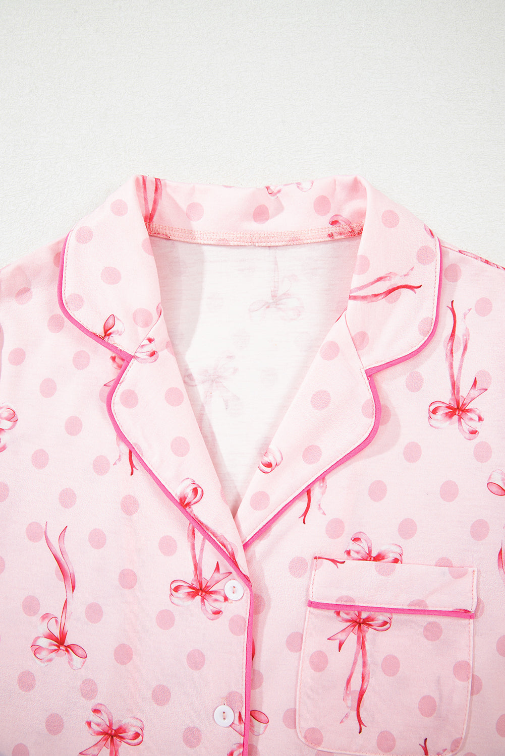 Contrast Bow Print Pipping Short Pajamas Set