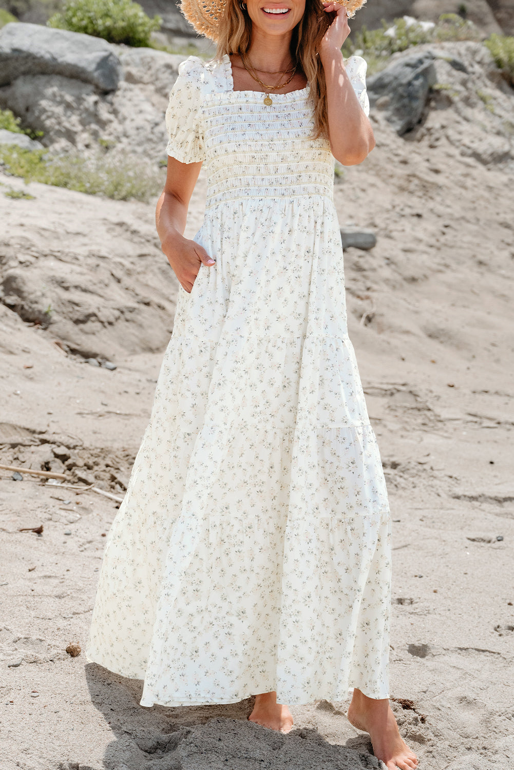 Women's Maxi Dress Featuring Layered Frill-Trimmed Shirred