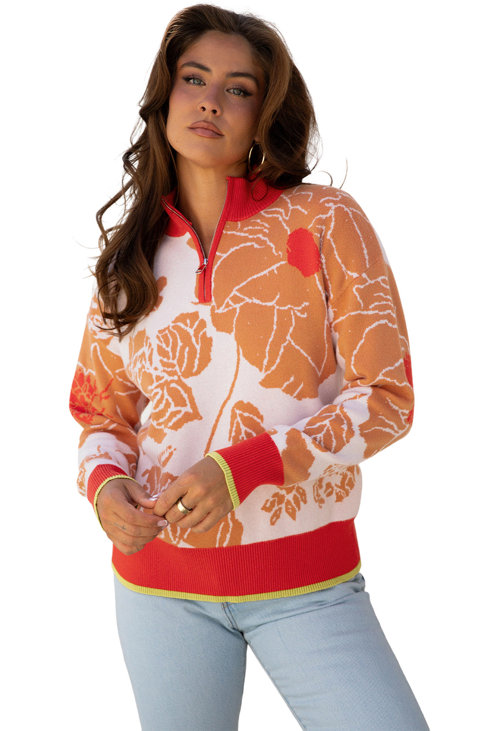 Zip Floral Half Collared Pullover Knit Top
