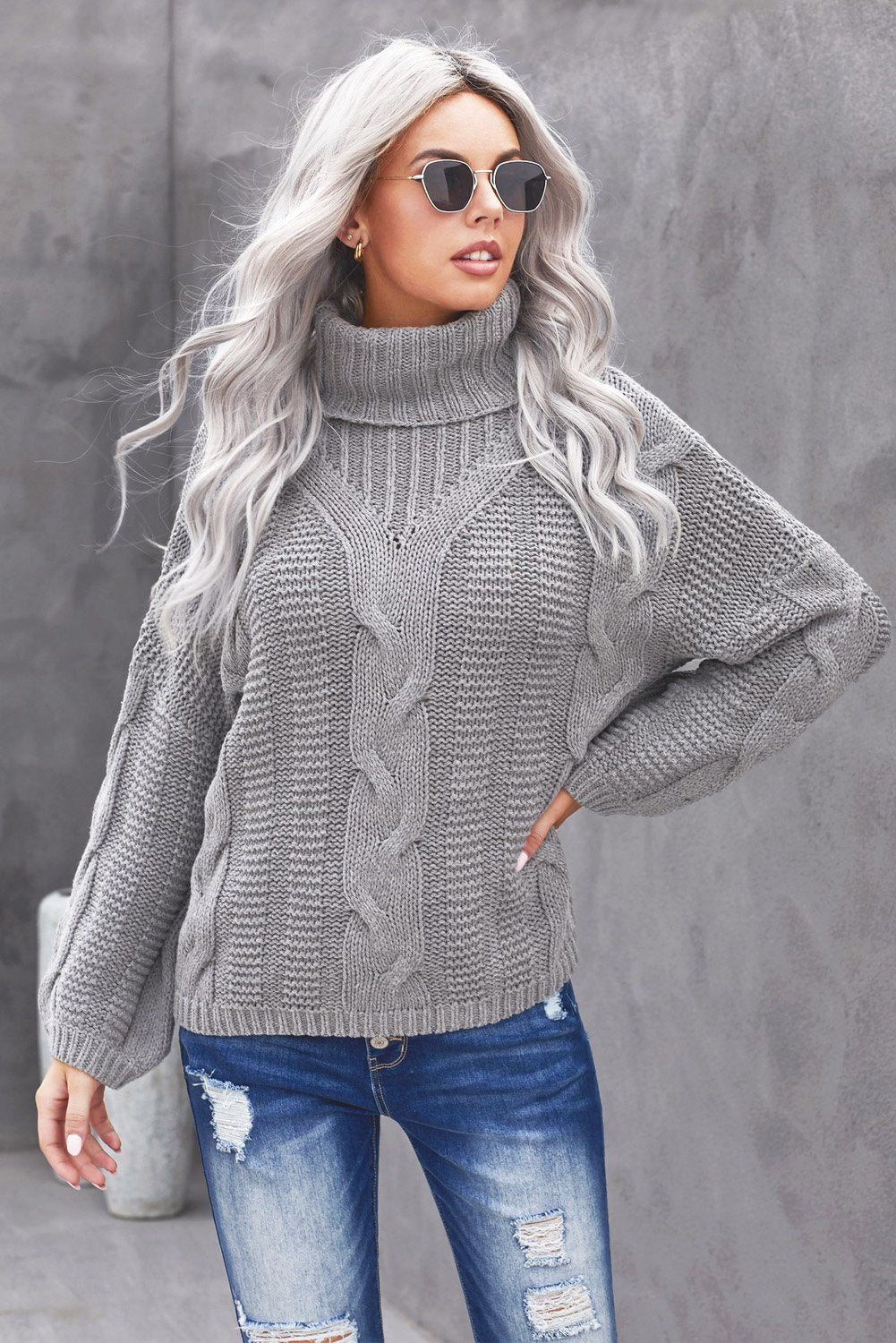 Women's Sweater Featuring Textured Winter Gray Oversize Turtleneck