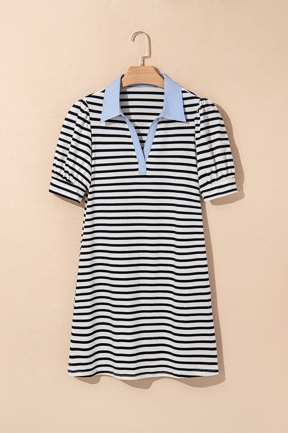 Black Stripe V Neck Collared Puff Sleeve T Shirt Mini Dress