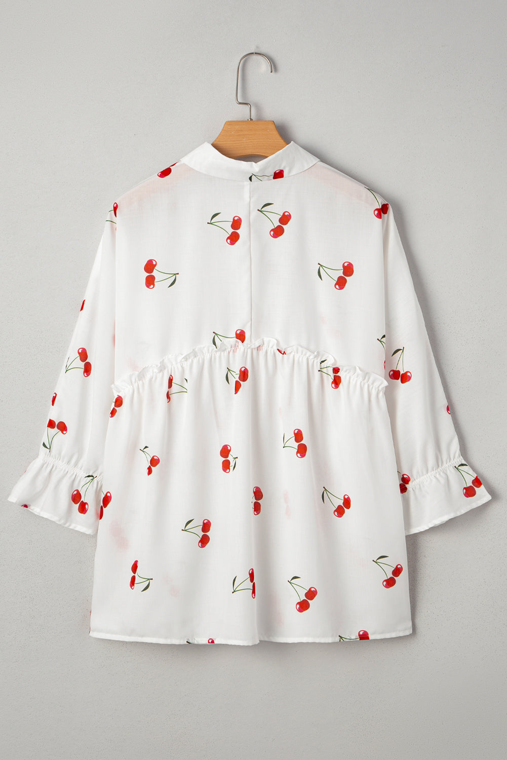 Print Flounce Cherry Flounce Sleeve Collared Frilled Babydoll Blouse