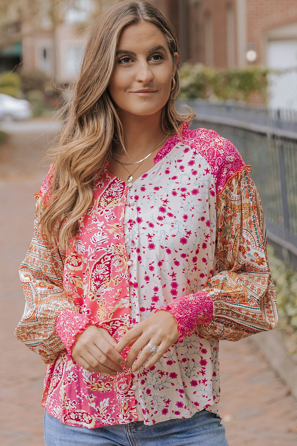 Floral Printed Mixed Printed Puff Sleeve V-Neck Shirt