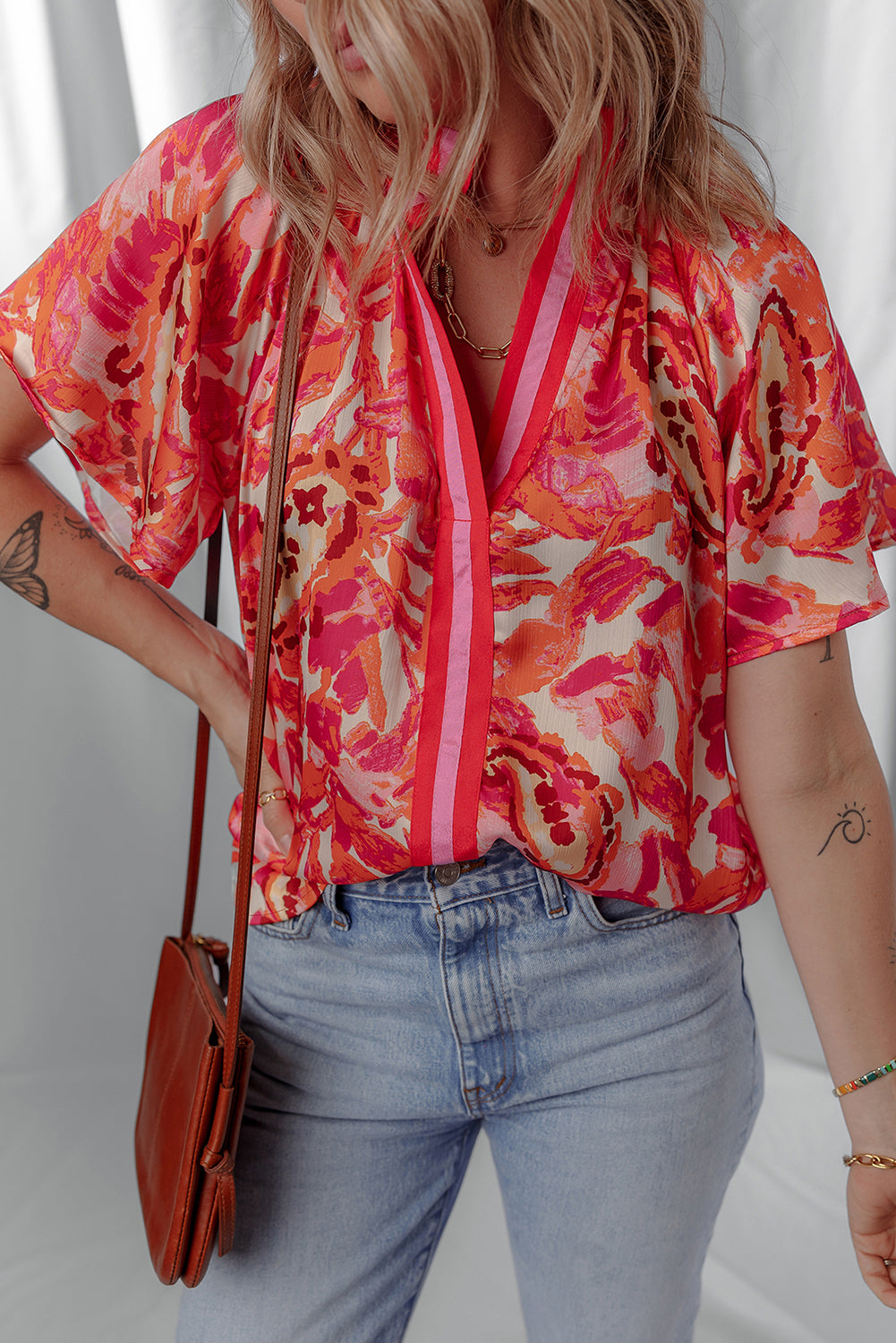 Striped Abstract Print Trim Split Neck Blouse