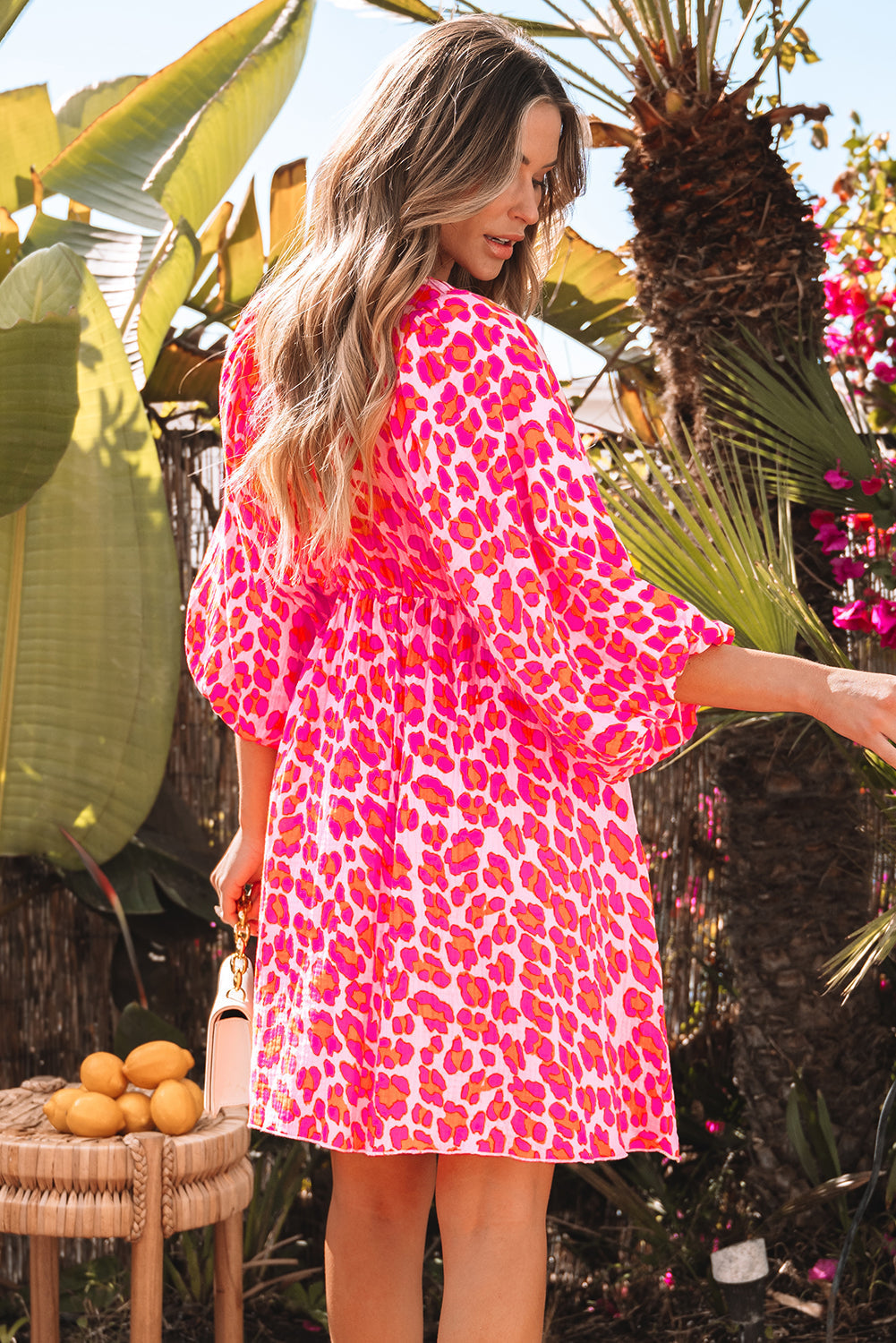 Pink Leopard Print Elasticated 3/4 Puff Sleeve Dress