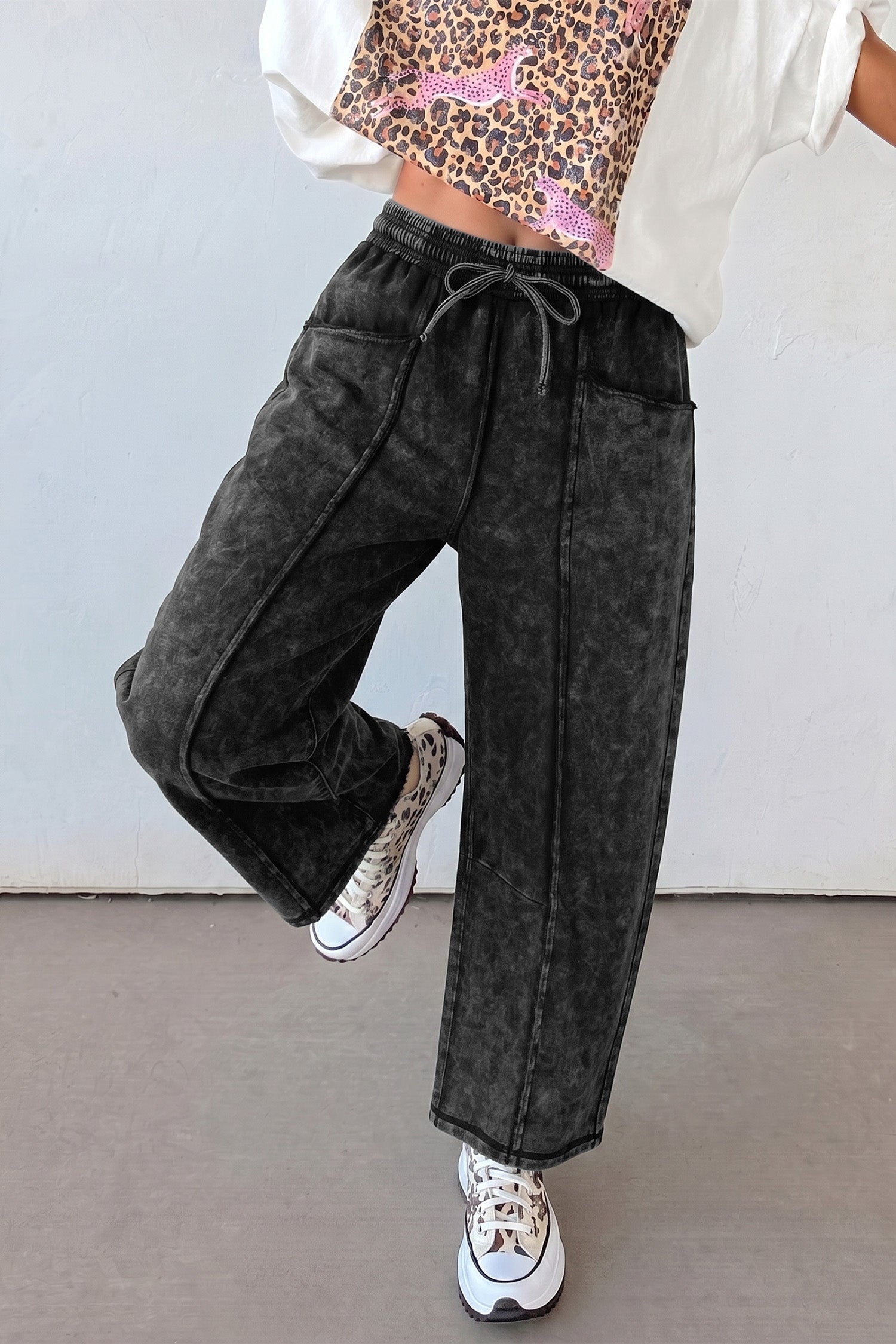 Raw Seam Drawcord Elastic Waist Barrel Pants in Black