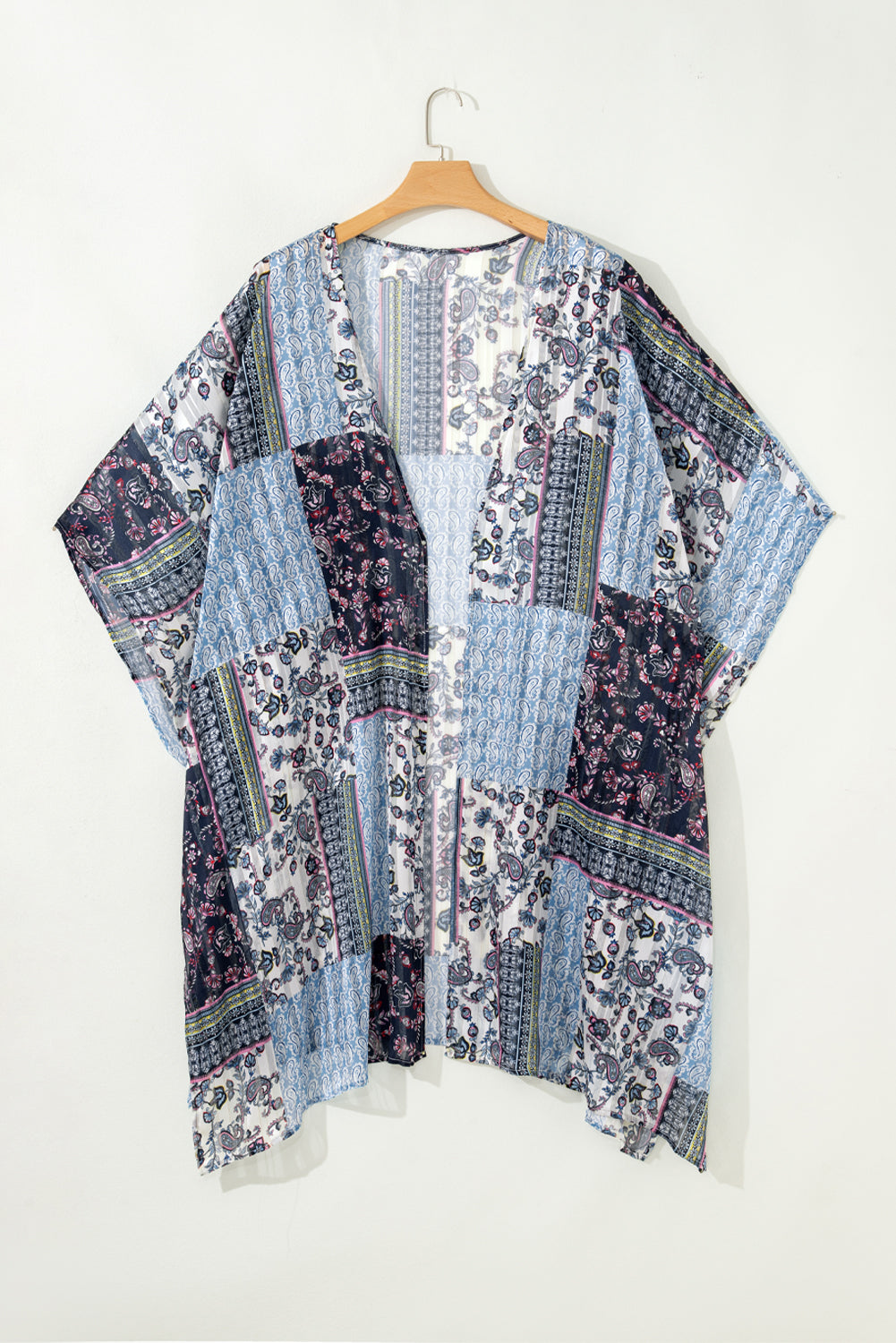Long Retro Floral-Print Loose Open-Front Kimono in Blue