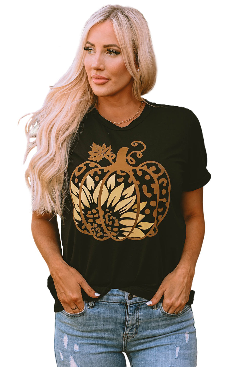 Women's Tee with Halloween Sunflower Pumpkin Graphic-Print
