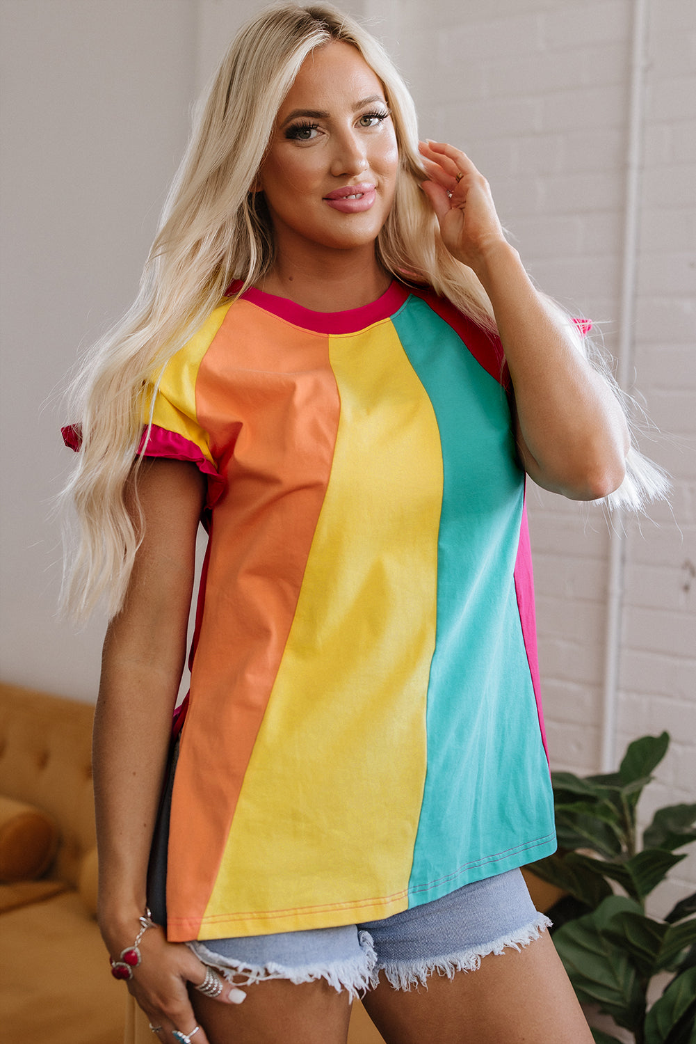 Color Block Ruffled Crew Neck Loose Fit T Shirt