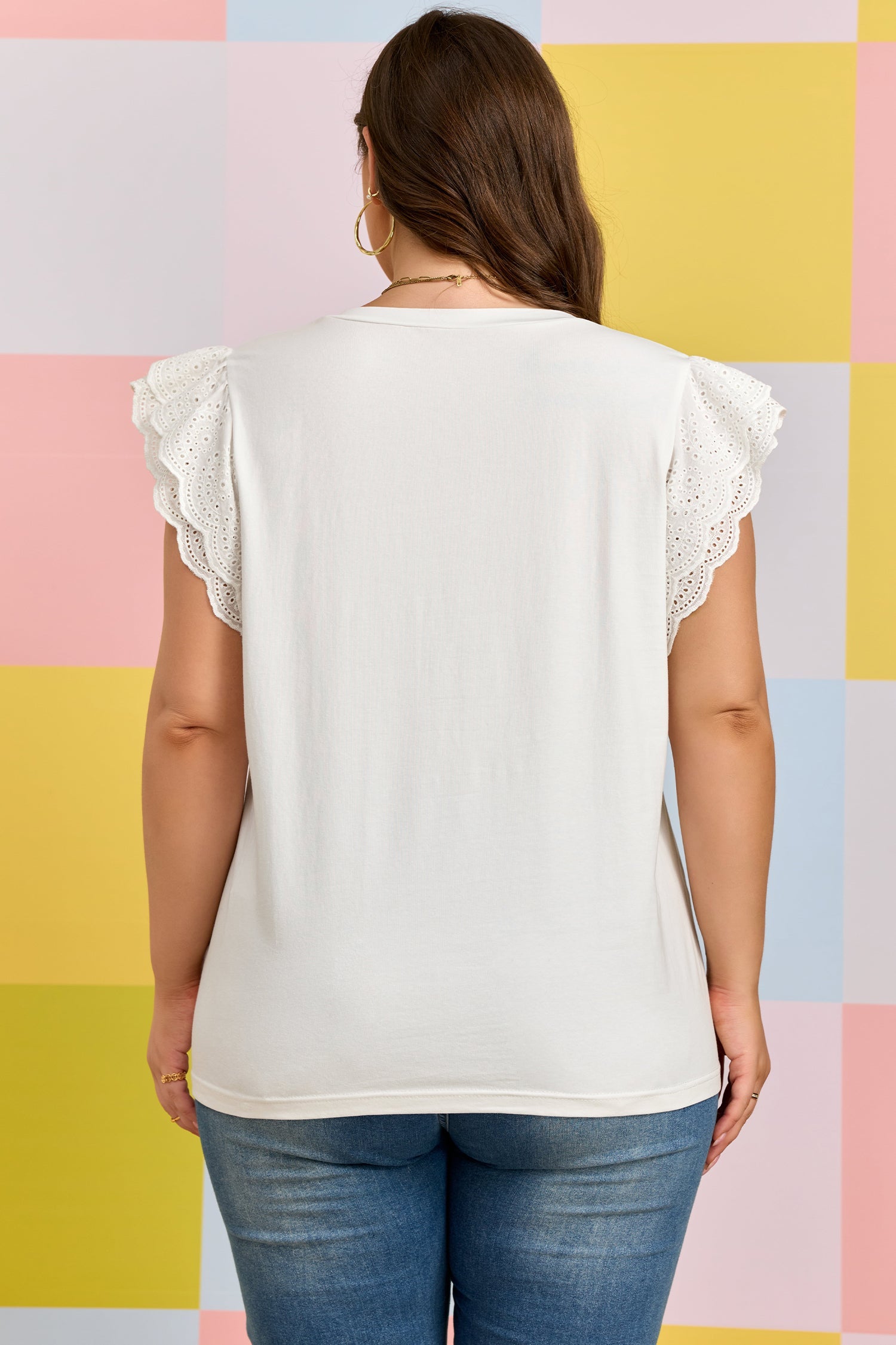 Eyelet Crochet Splicing Short-Sleeved Plus Size Tee in White