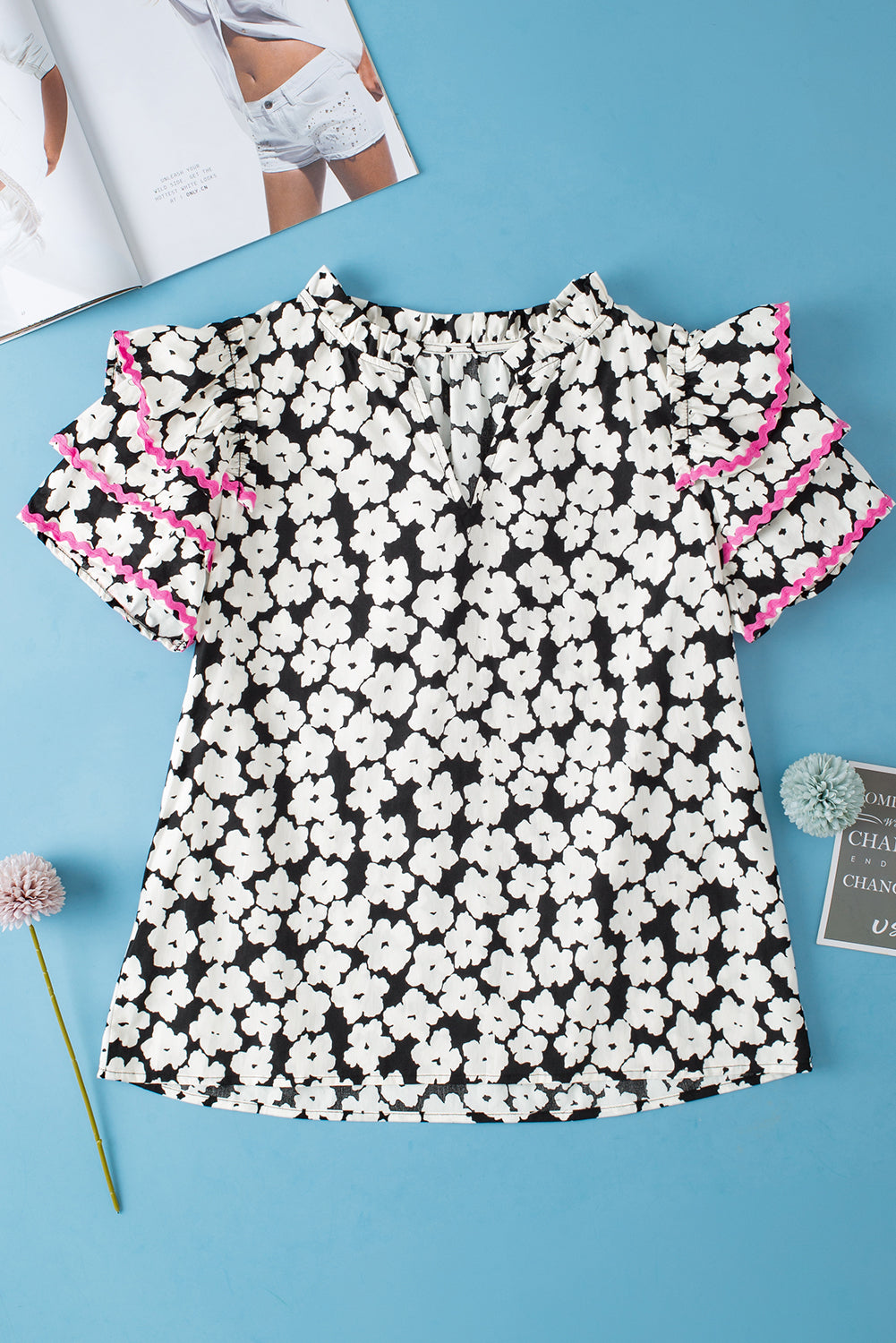 Women's Blouse Featuring Layered Ruffle-Trimmed Sleeve Floral-Print