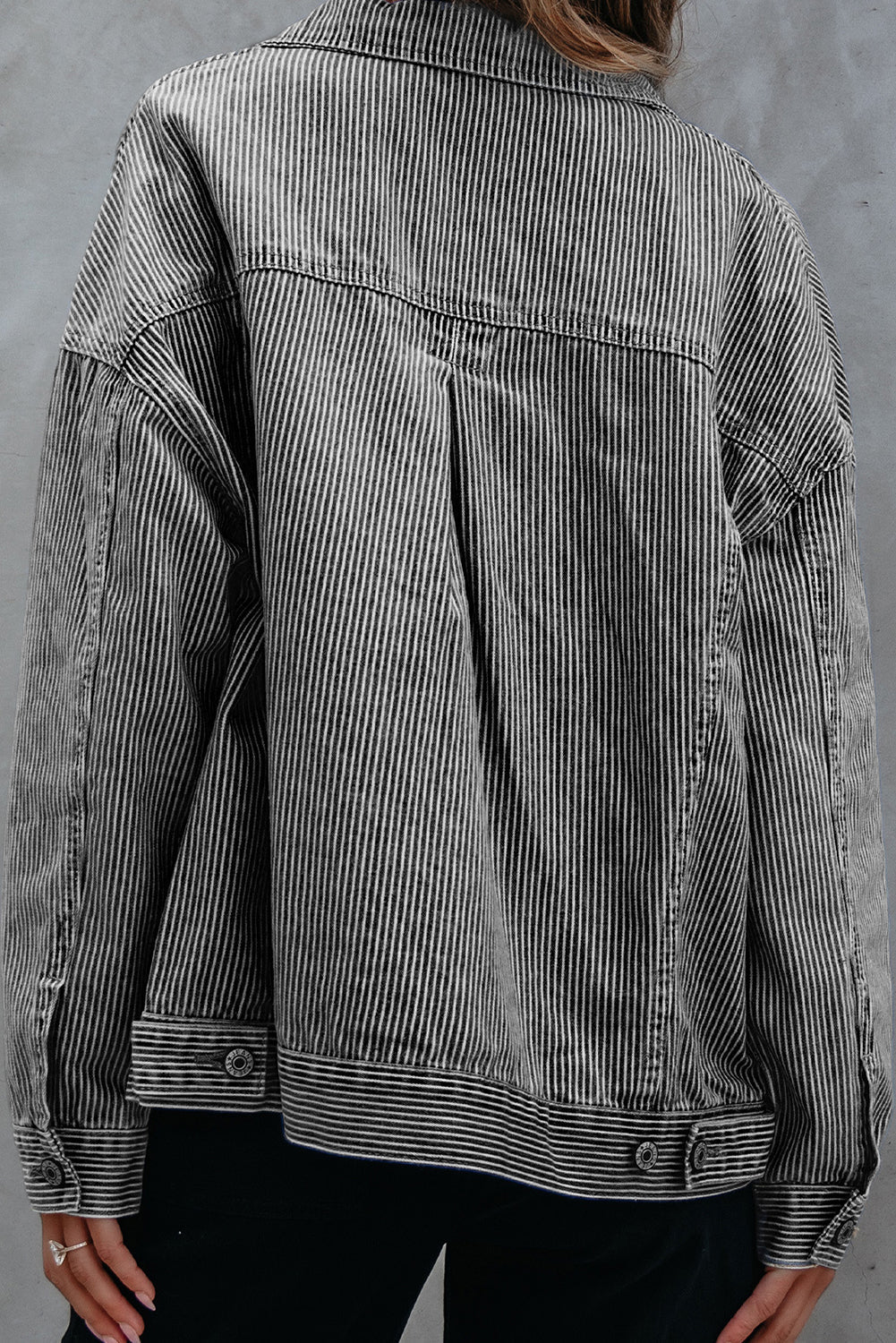 Washed Oversize Stripe Oversize Pocket-Detail Denim Jacket in Blue