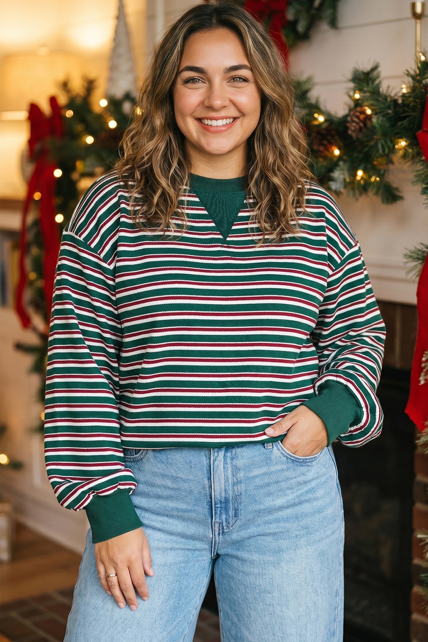 Stripe Round-Neck Long-Sleeved Shift Plus Size Sweatshirt in Green