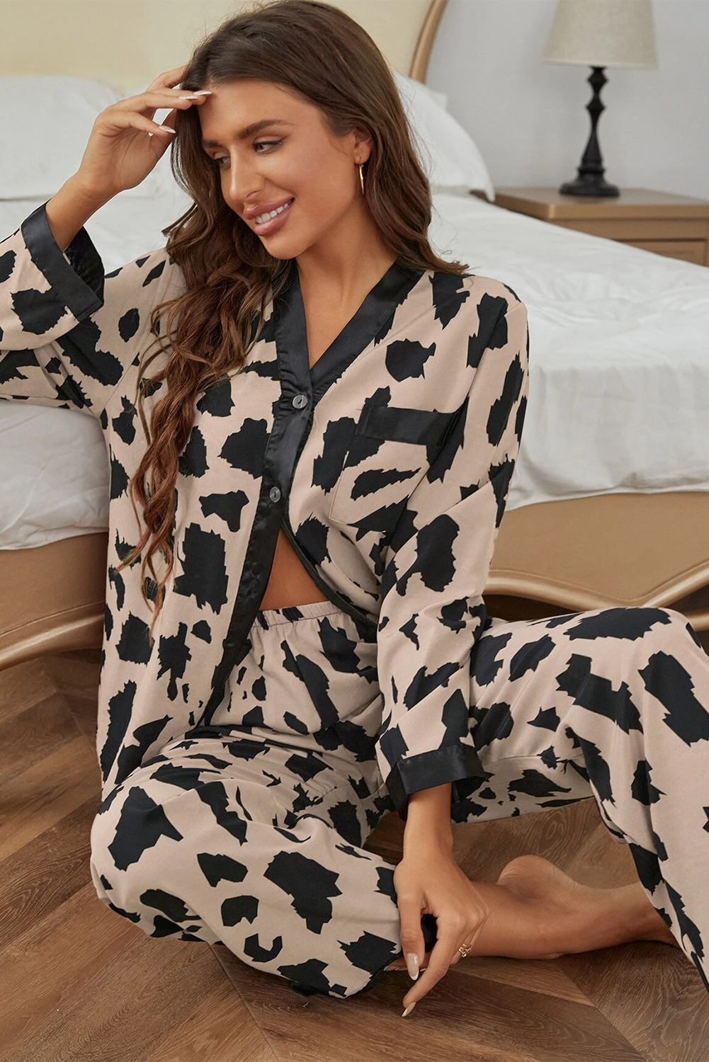 Contrast Trim Cheetah Trim Easy-Fit Fit 2-Piece Sleepwear