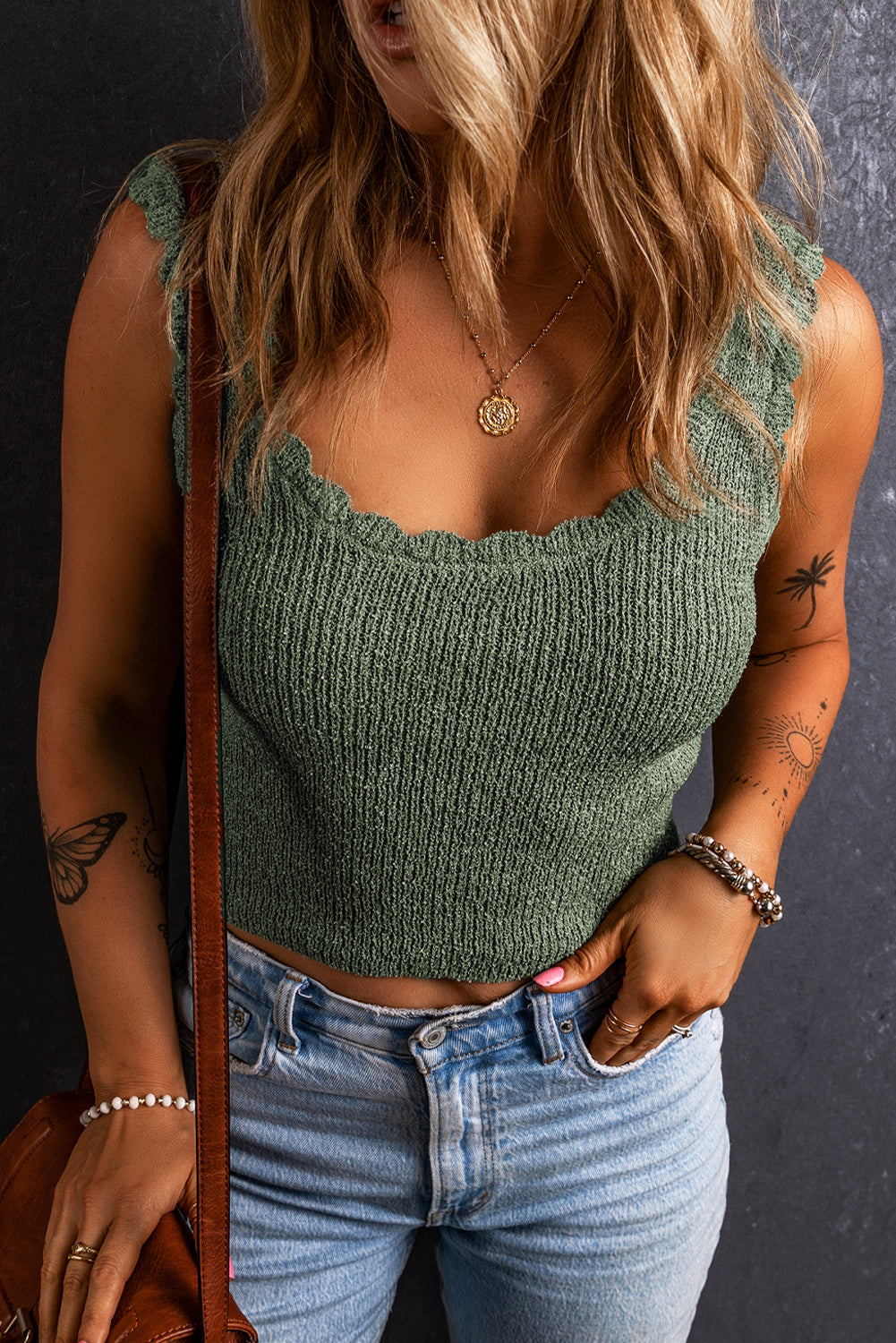 Vest for Women U Neck Scallop Trim Sweater