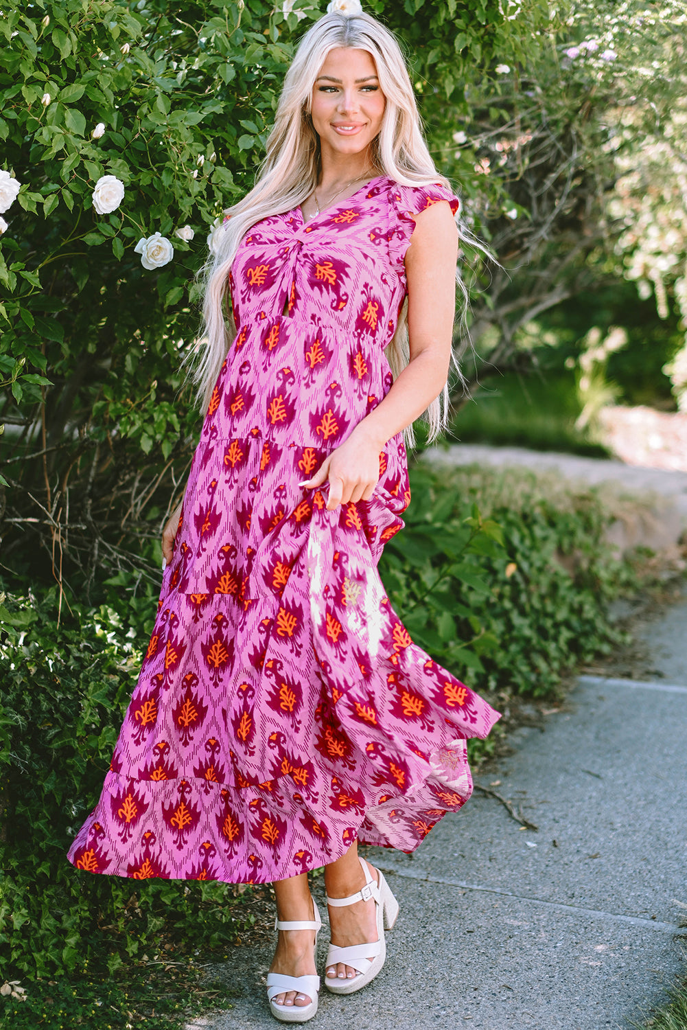 Women's Maxi Dress with Ruffle-Trimmed Sleeve Twist-Front
