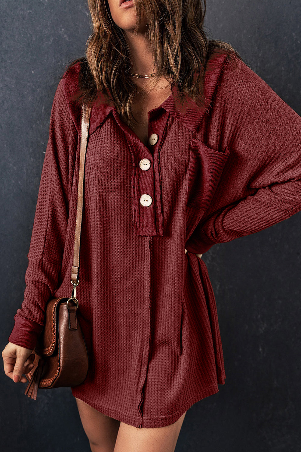 Top for Women Waffle Knitted Long-Sleeve
