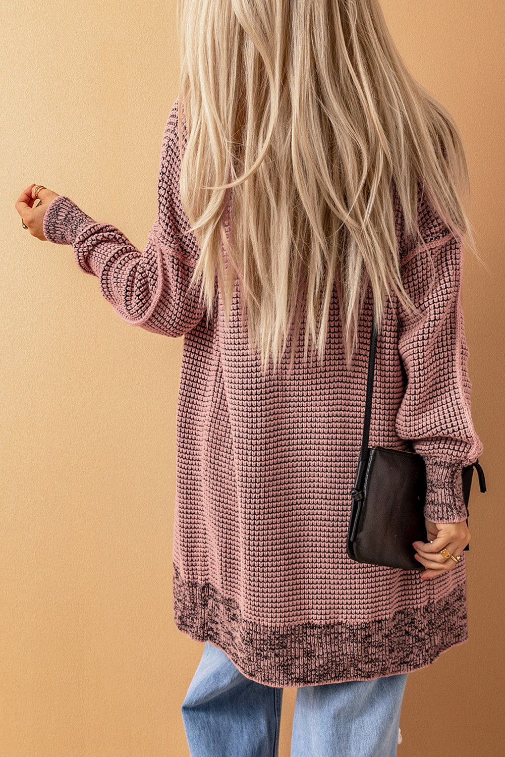 Women's Cardigan Featuring Plaid Knitted Long Open Front Pink