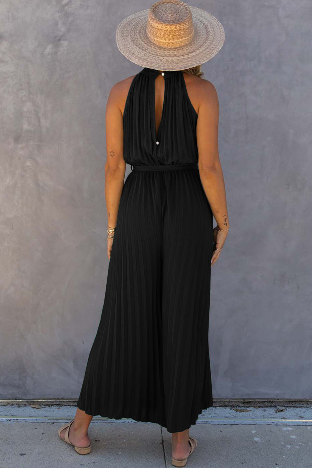 Women's Belt Featuring Pleat-Detail Wide-Leg Jumpsuit with Halter Neck