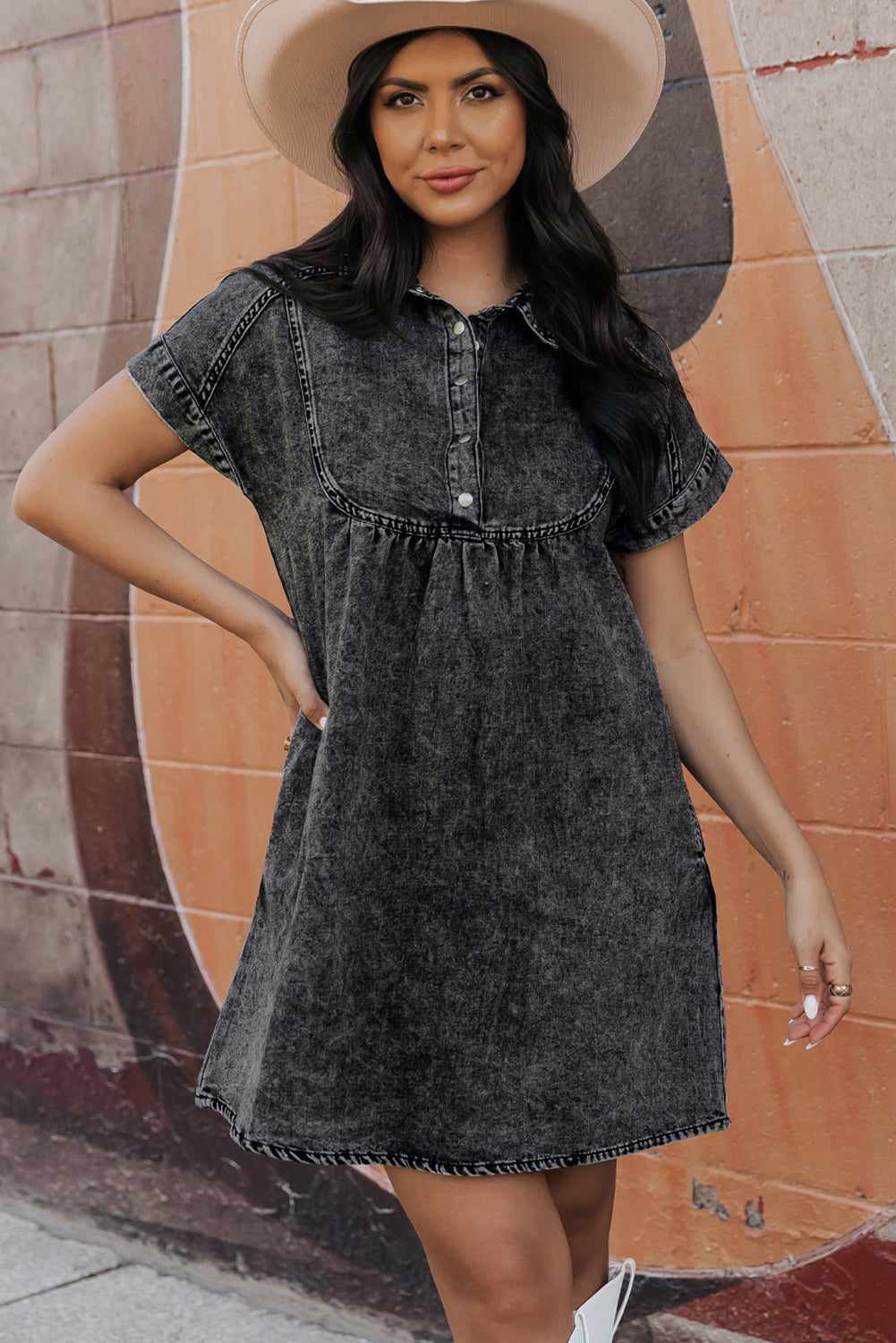 Women's Dress with Acid Wash Collared Denim