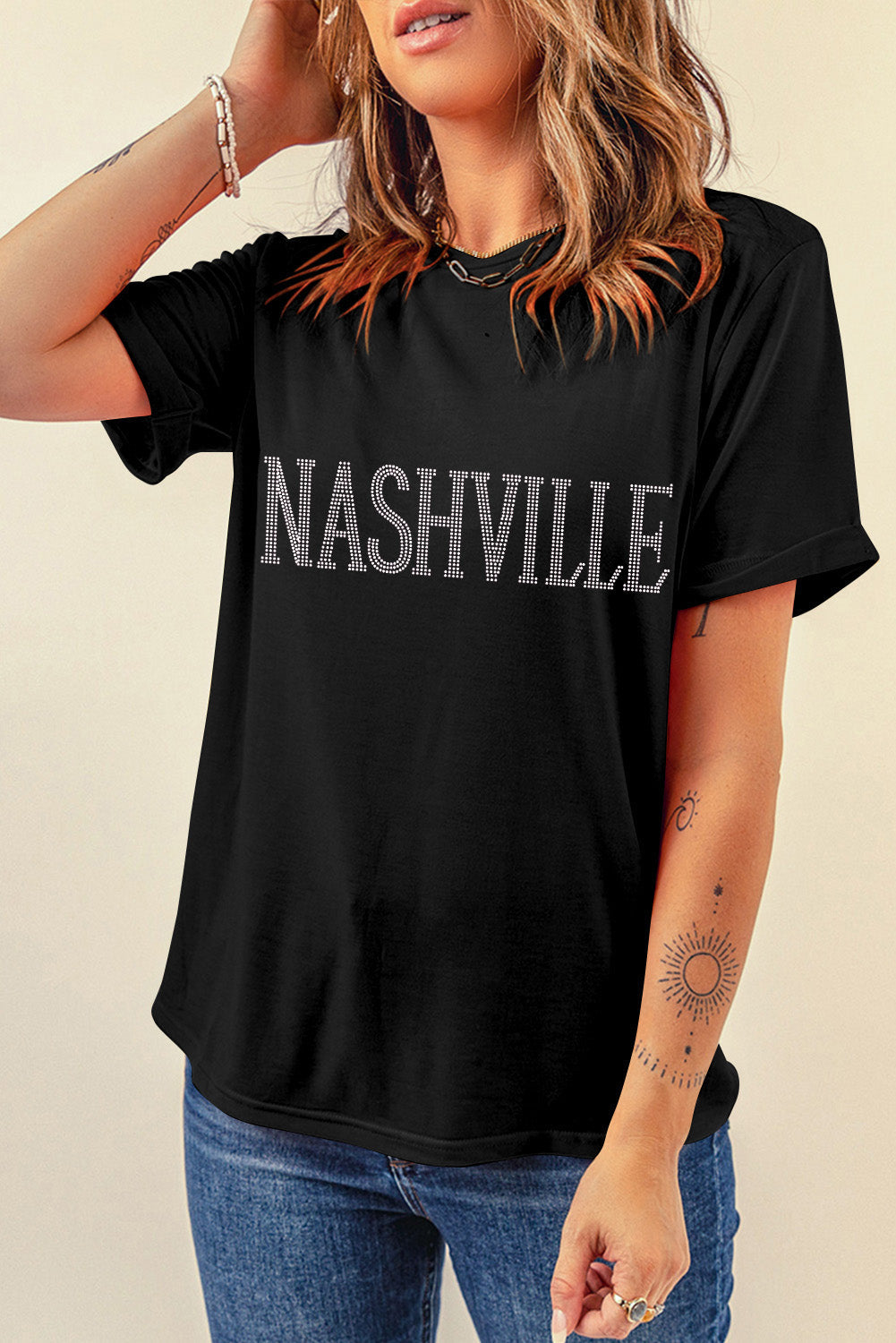 Women's T Shirt with Crew Neck Rhinestone NASHVILLE Graphic-Print